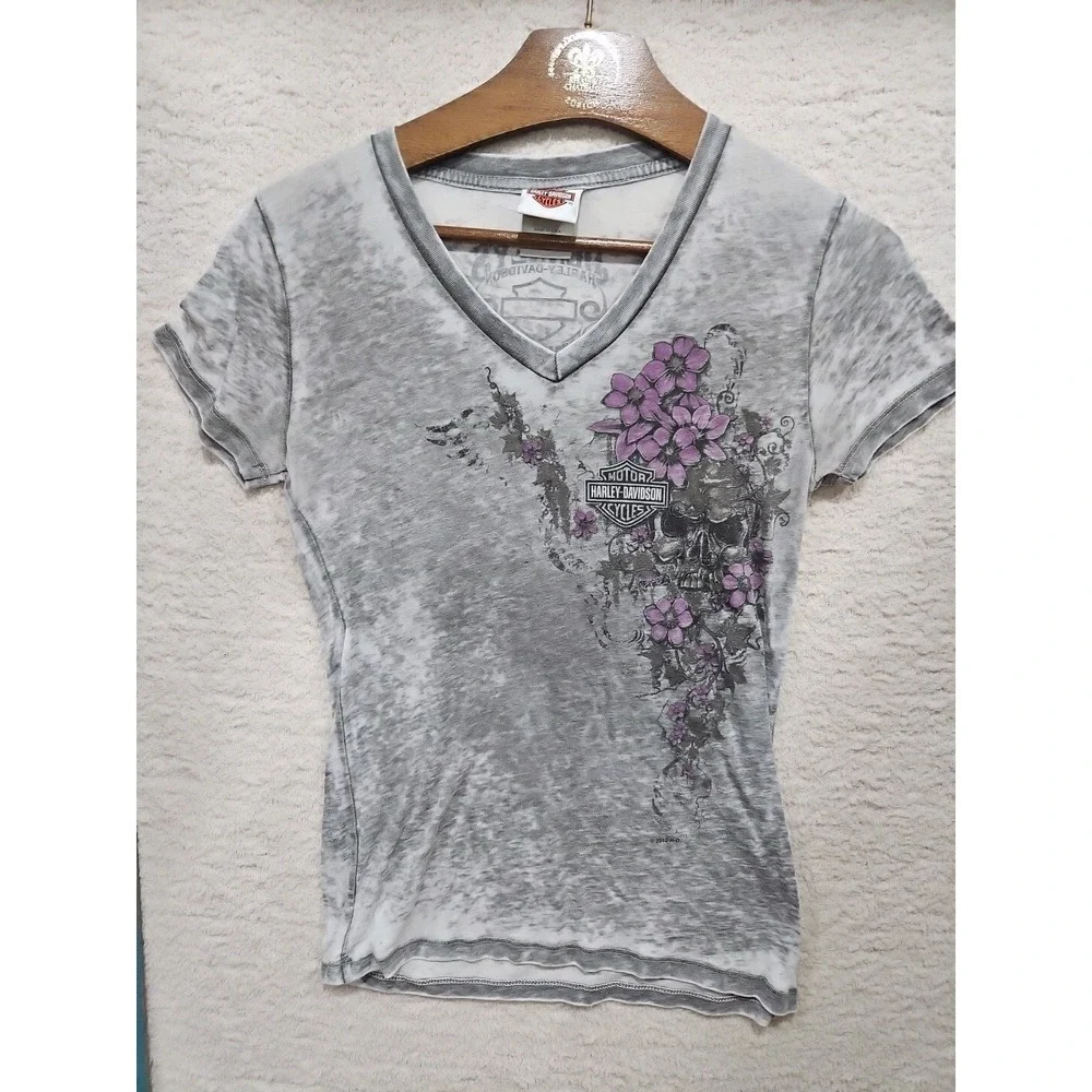 Harley Davidson Shirt Women Med Branson, MO Gray Puple Flowers Scull